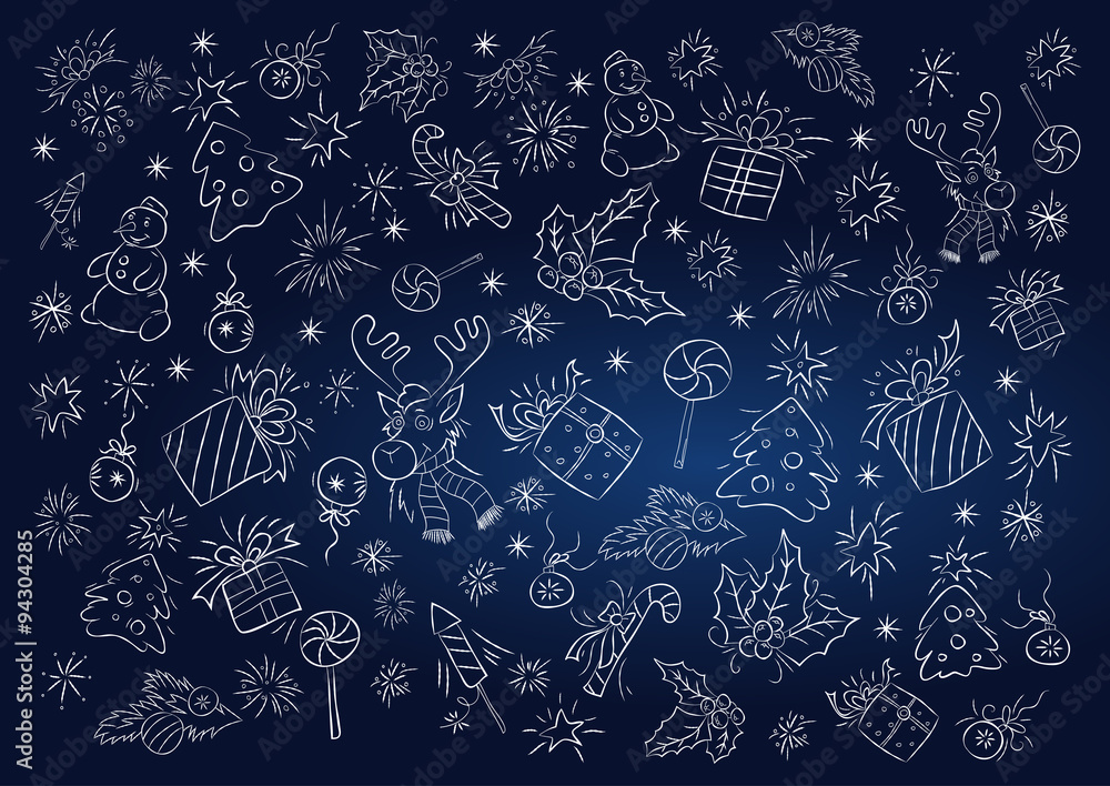 Vector background with white outlines of Christmas objects. Vector background with white outlines of Christmas objects.
