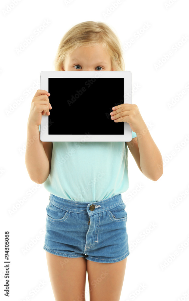 Beautiful little girl with digital tablet, isolated on white Beautiful little girl with digital tablet, isolated on white