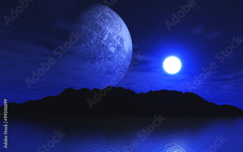 Fototapeta Naklejka Na Ścianę i Meble -  3D landscape with planets over water