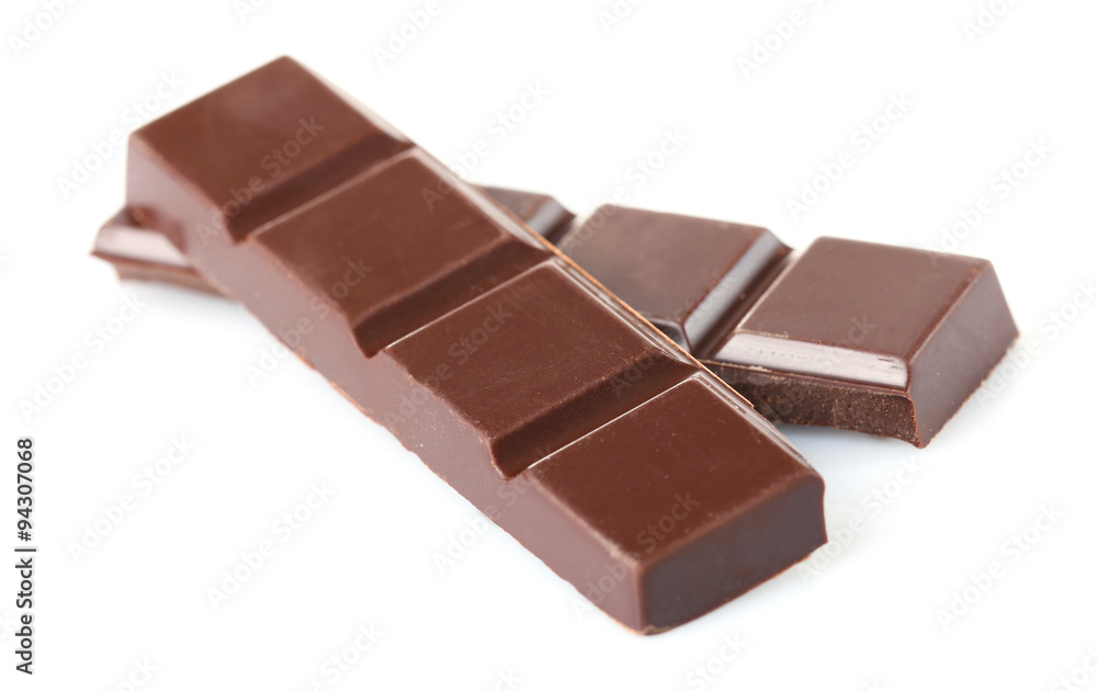 Black chocolate pieces isolated on white background Black chocolate pieces isolated on white background