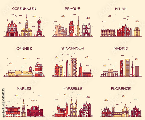 Europe skylines Prague Cannes Madrid line art