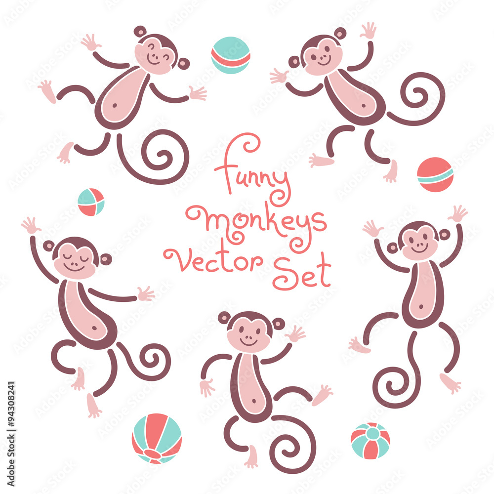 Funny monkeys vector isolated set of illustrations. Lovely