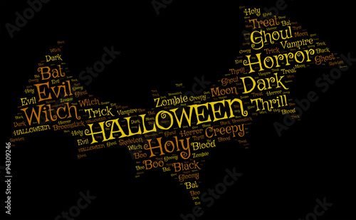 Hallowen Bat on a black background: yellow and orange words