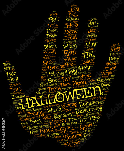 Halloween backgroun: palm with orange and yellow words on black
