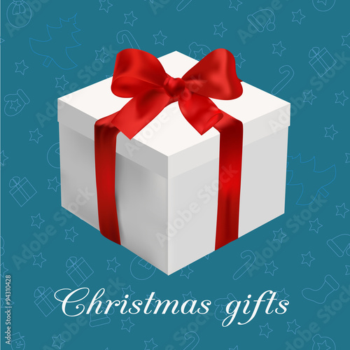 Greeting card - white box with red bow on the blue  christmas background