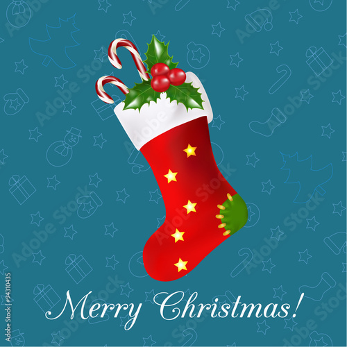 Greeting card - red sock with canes and holly on the christmas background