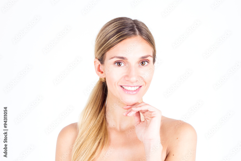 Clear skin. Beautiful woman smiling with teeth and touching face. Clear skin. Beautiful woman smiling with teeth and touching face.