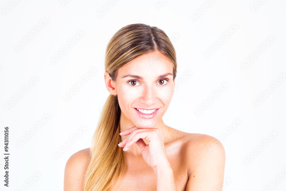 Clear skin. Beautiful woman smiling with teeth and touching face. Clear skin. Beautiful woman smiling with teeth and touching face.