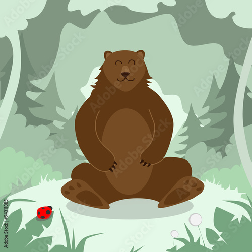 Cartoon Bear Sitting Green Forest Colorful
