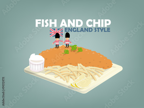 beautiful design of fish and chip,lime and mayonnaise on flat dish,english food style