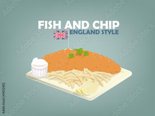 beautiful design of fish and chip,lime and mayonnaise on flat dish,english food style