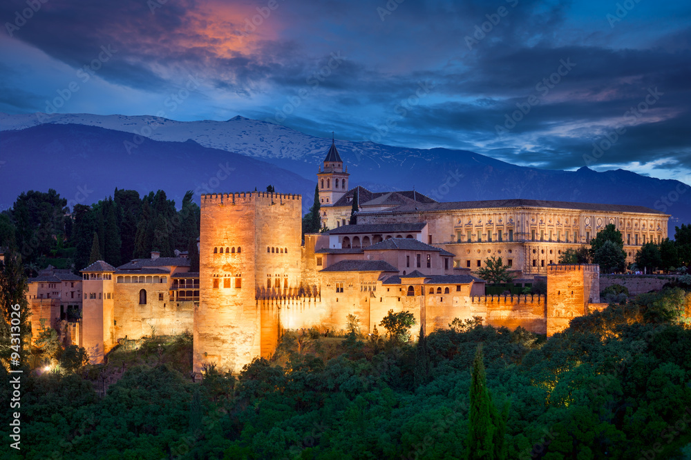 Night View of Famous Alhambra, European travel landmark - obrazy, fototapety, plakaty 