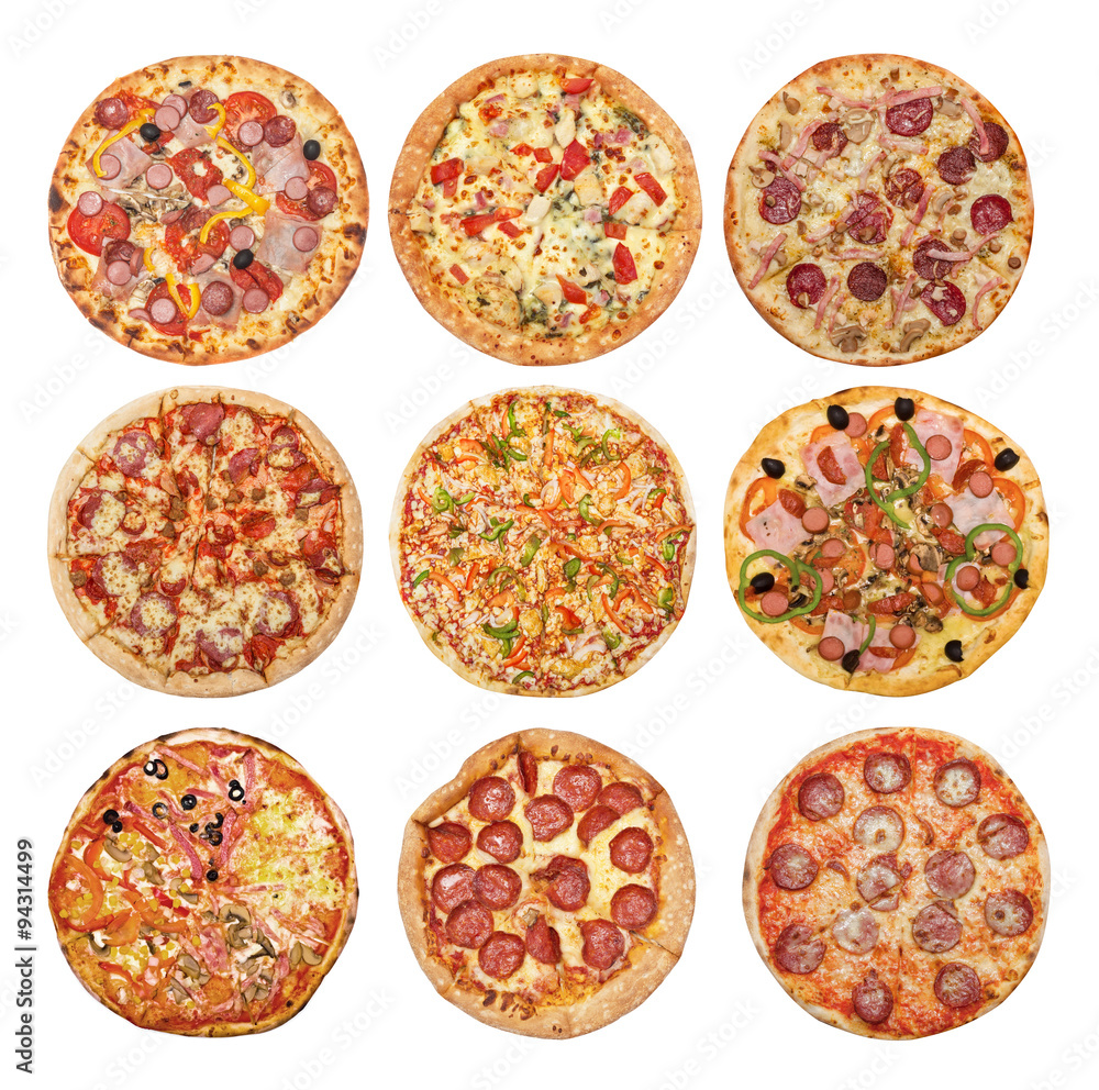 Big set of different pizzas: Pepperoni's, Hawaiian, Mexican, Meat, Italian, Florentina, Bonanza, Barbecue, Margarita isolated on white background Big set of different pizzas: Pepperoni's, Hawaiian, Mexican, Meat, Italian, Florentina, Bonanza, Barbecue, Margarita isolated on white background