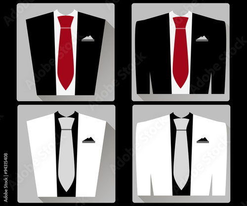 Jacket and vest with a tie in a flat style. White and black jacket. Red tie. Vector illustration. photo