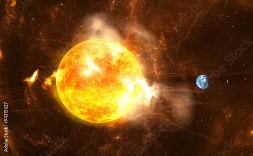 Obraz Olbrzymie rozbłyski słoneczne. Słońce wytwarza super-burze i ogromne wybuchy promieniowania