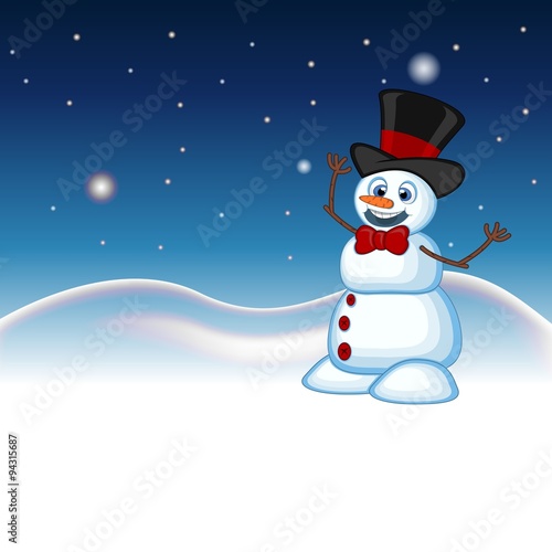 Snowman wearing a hat and a bow ties with star, sky and snow hill background for your design vector illustration © warawiri