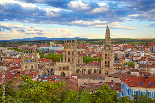 Burgos aerial view skyline sunset with Cathedral Fototapet