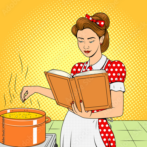 Beauty wife cooking soup retro vector