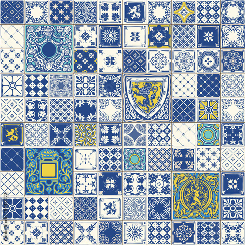 Indigo Blue Lisbon Paint Tile Floor Oriental Spain Ornament Collection Seamless Patchwork Pattern Colorful Azulejo Portugal Ceramic Azulejos Vintage Illustration background Vector Pattern Brocade