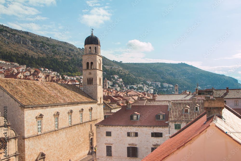 Franciscan church and monastery with tower bell in old town Dubrovnik, Croatia