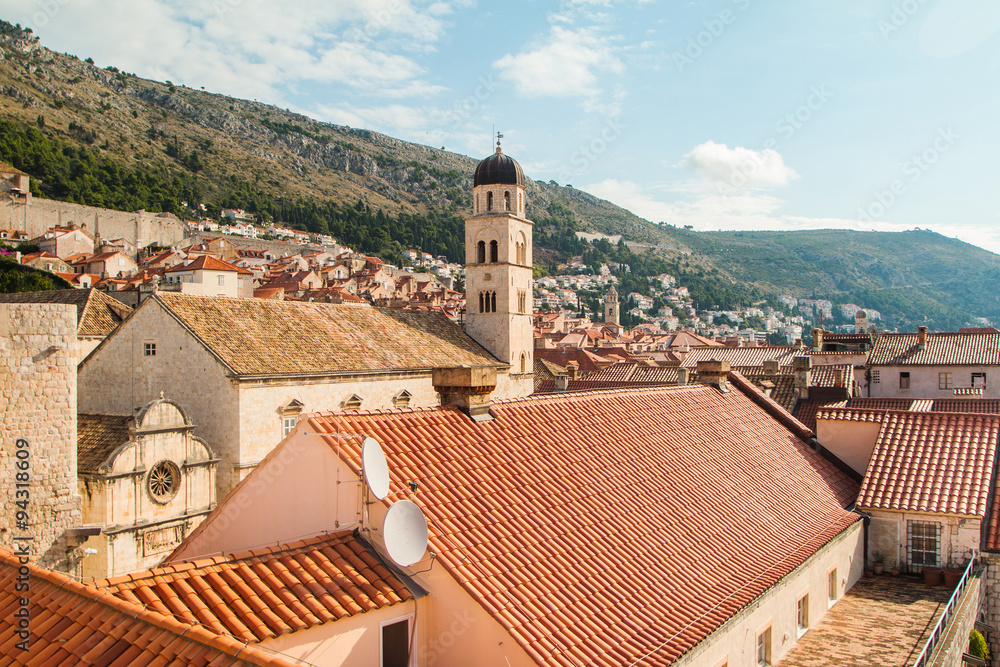 Franciscan church and monastery with tower bell in old town Dubrovnik, Croatia
