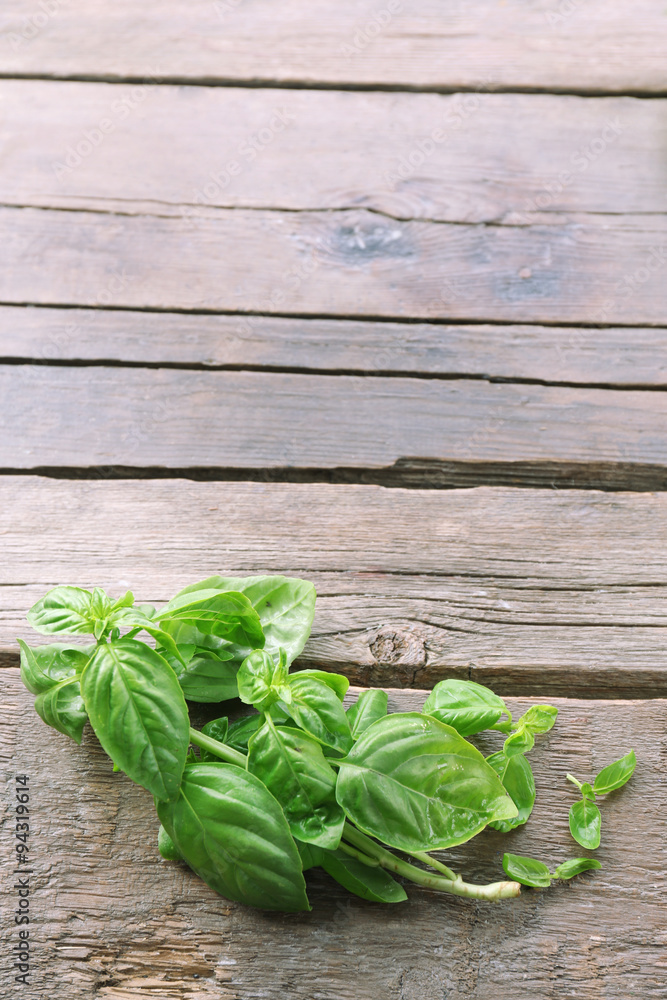 Green fresh basil on wooden background Green fresh basil on wooden background