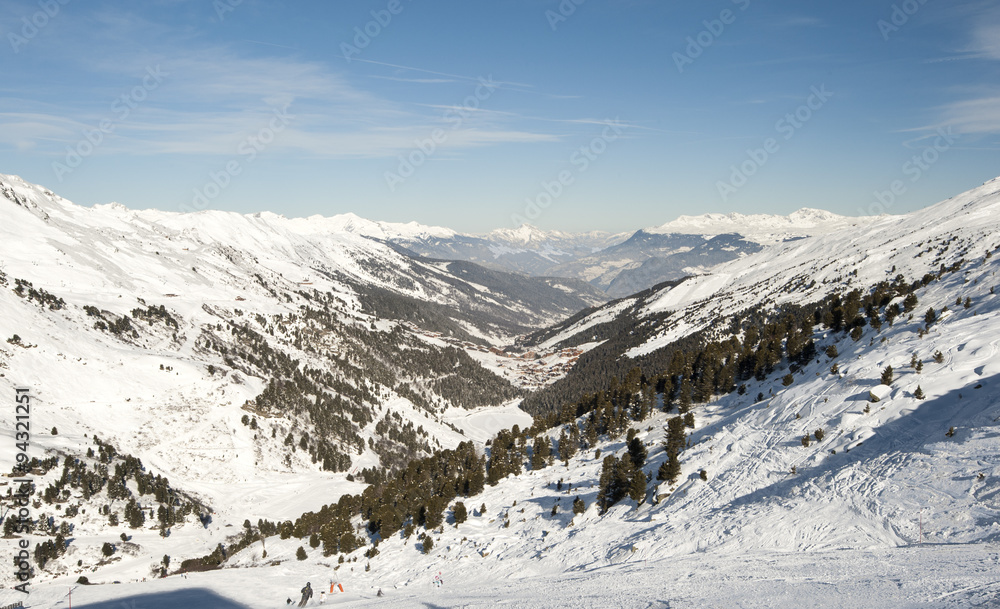 Panoramic view down a mountain valley