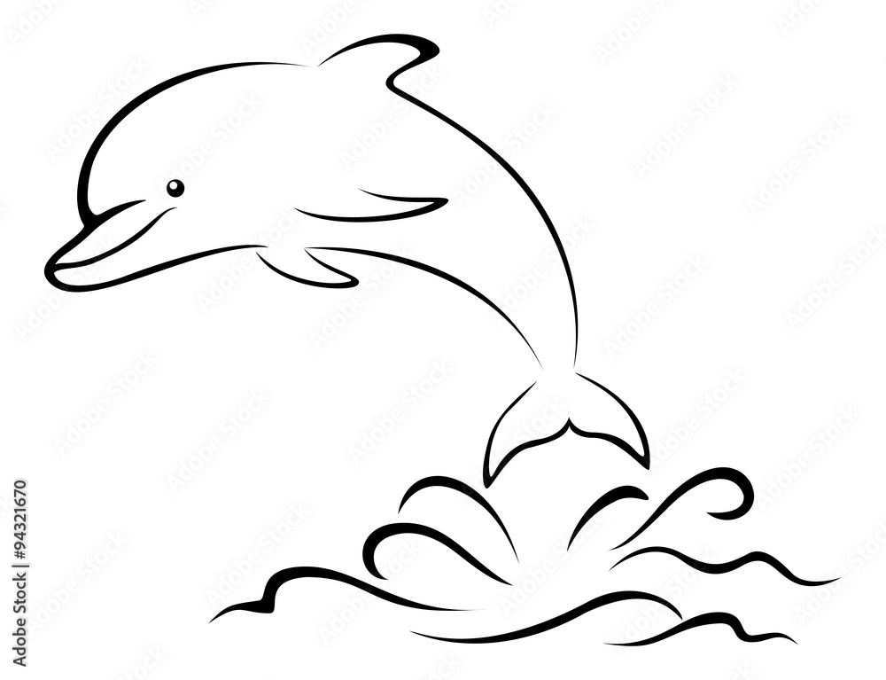 Naklejka premium Dolphin and Sea Waves, Contour