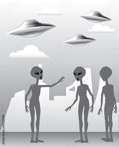 UFO in the sky Aliens On the ground Vector