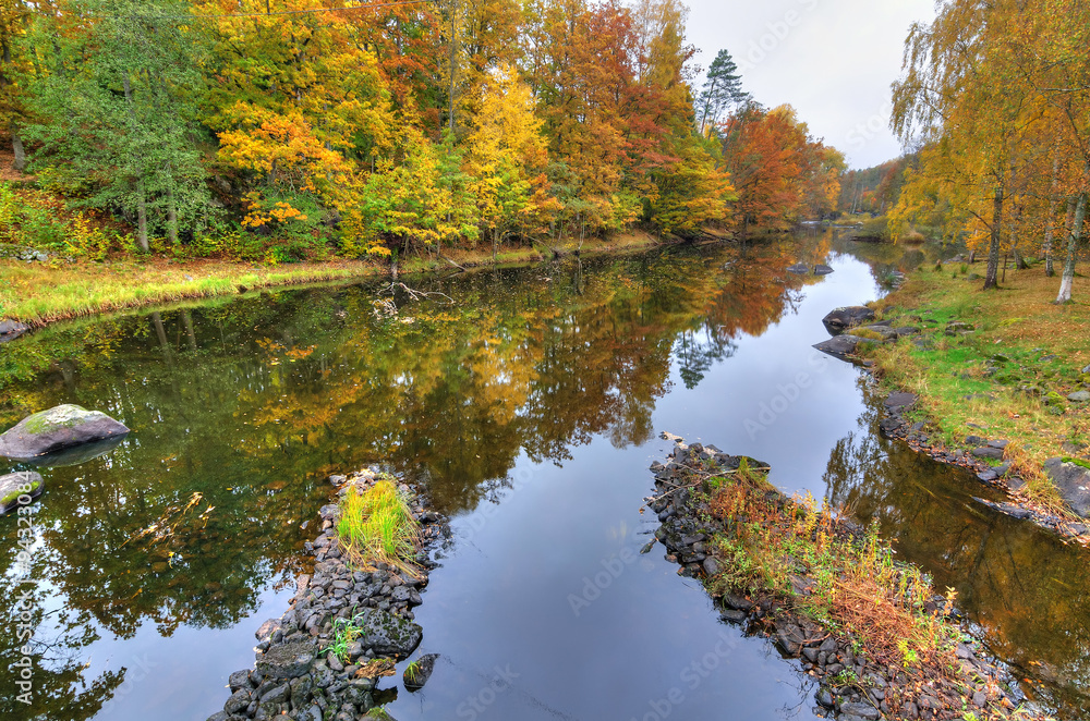 Autumn view for Morrum river with water reflection