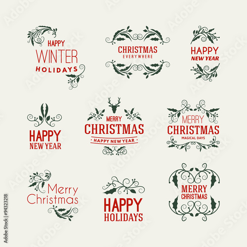 Set of Christmas Postcard Decorative Greetings with Mistletoe Branch  Berries and Typographic Design Elements. Hand Drawn Vector Illustration