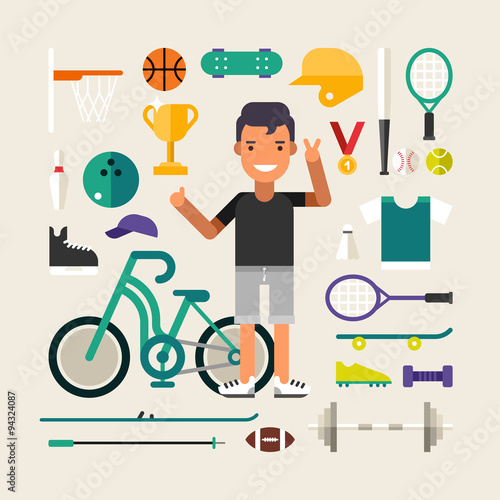 Set of Vector Icons and Illustrations in Flat Design Style. Male Cartoon Character Sportsman Surrounded by Sports Equipment