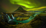 Aurora at Kirkjufell and Waterfall Kirkjufellsfoss, Landmark of