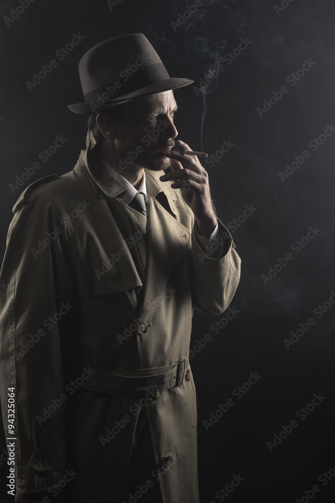 1950s style agent smoking a cigarette