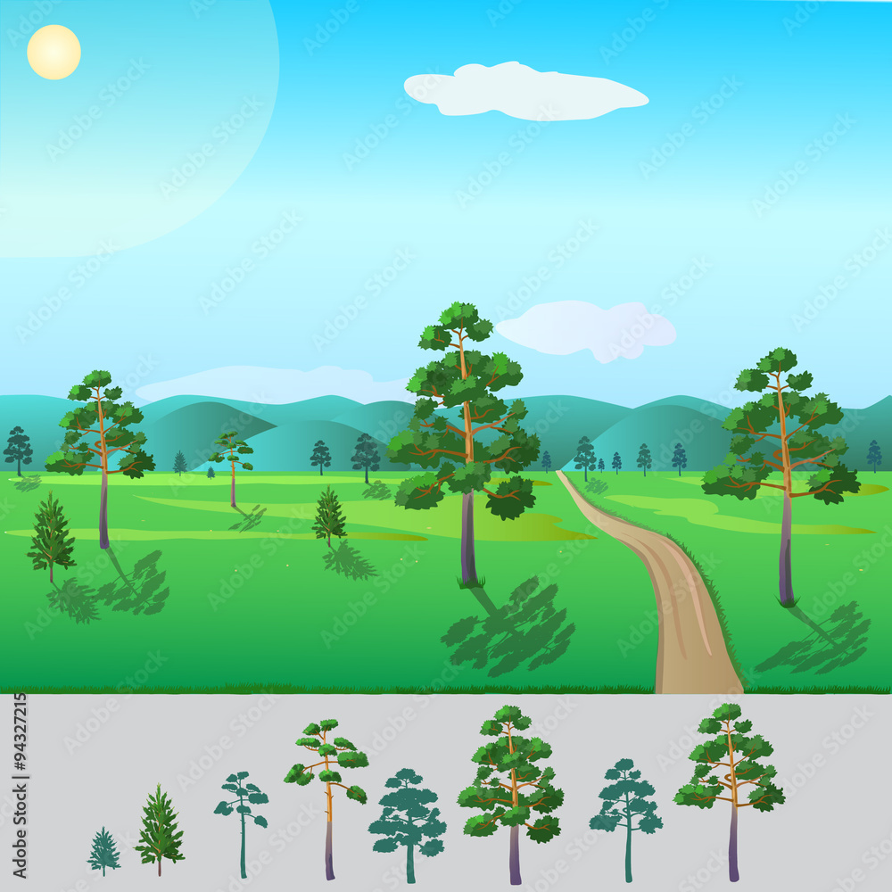 -  ready trees pine/ pine trees of different sizes to work for your picture about the nature of the forest