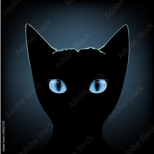 Silhouette of black cat with blue eyes on a dark background