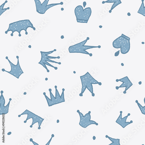 Cute hand drawn blue seamless pattern with crowns for little prince. Can be used to design children's clothing, birthday invitation. Vector illustration.