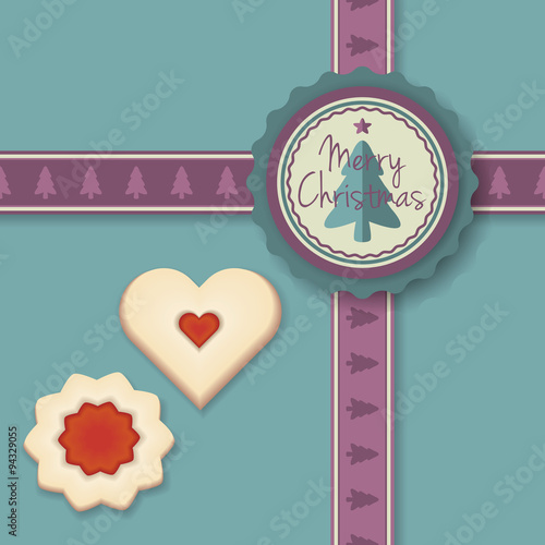 Christmas gift wrapping with Merry Christmas greetings and traditional Austrian Linzer cookies, vector illustration