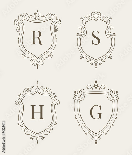 Set of luxury premium stylish templates in the form of a decorative medieval heraldic shields. Hotel, boutique, jewelry sign. Wedding, invitation, logo design. Borders, frames, labels in retro style.
