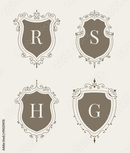 Set of luxury premium stylish templates in the form of a decorative medieval heraldic shields. Hotel, boutique, jewelry sign. Wedding, invitation, logo design. Borders, frames, labels in retro style.