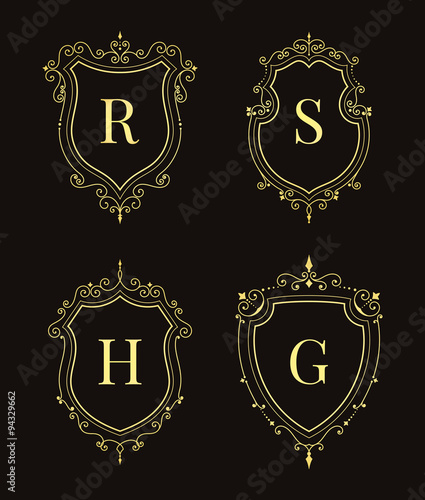 Set of luxury premium stylish templates in the form of a decorative medieval heraldic shields. Hotel, boutique, jewelry sign. Wedding, invitation, logo design. Borders, frames, labels in retro style.