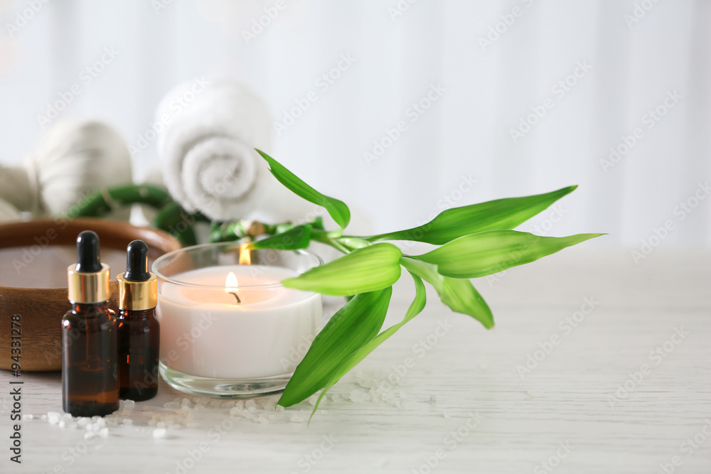 Beautiful composition of spa treatment on wooden table Beautiful composition of spa treatment on wooden table