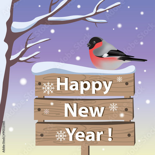 New year background and greeting card with bullfinch
