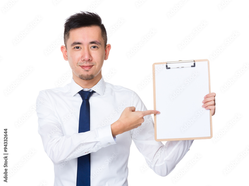 Businessman pen point to clipboard Businessman pen point to clipboard