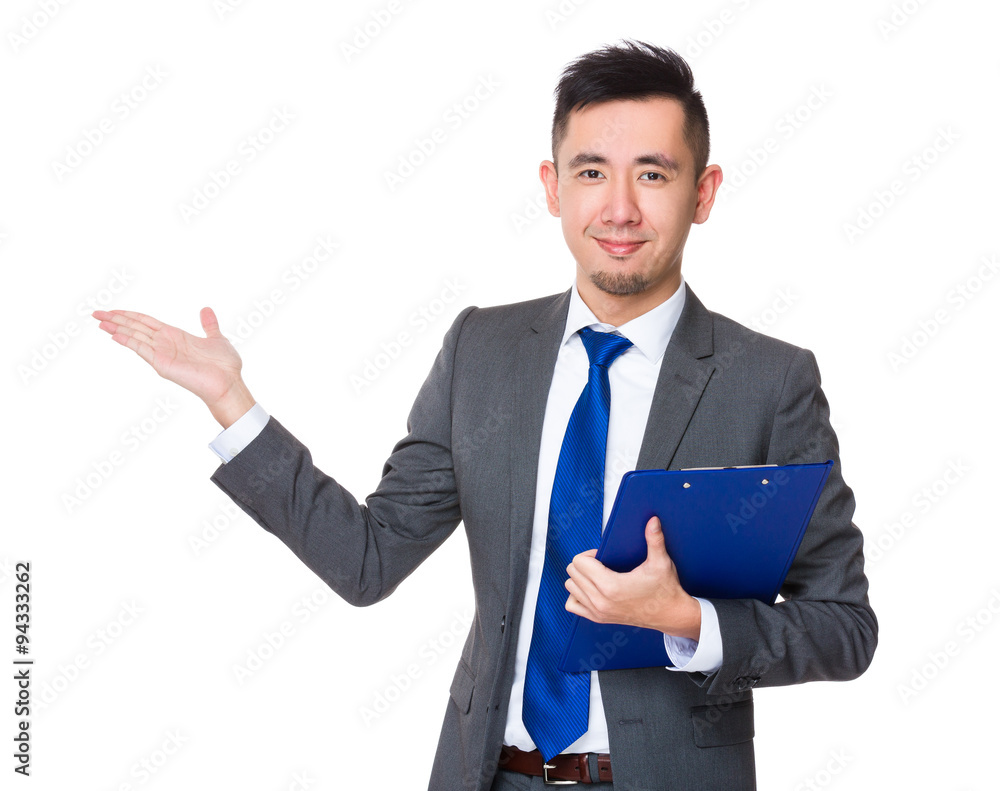 Asian Businessman hold with clipboard and open hand palm Asian Businessman hold with clipboard and open hand palm