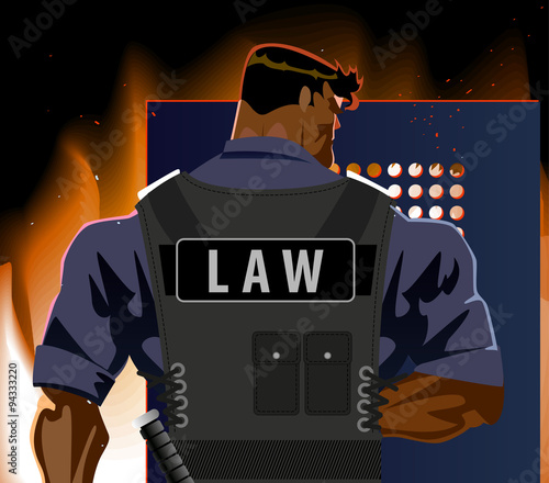 The police officer with a shield. Riot, fire, terrorism