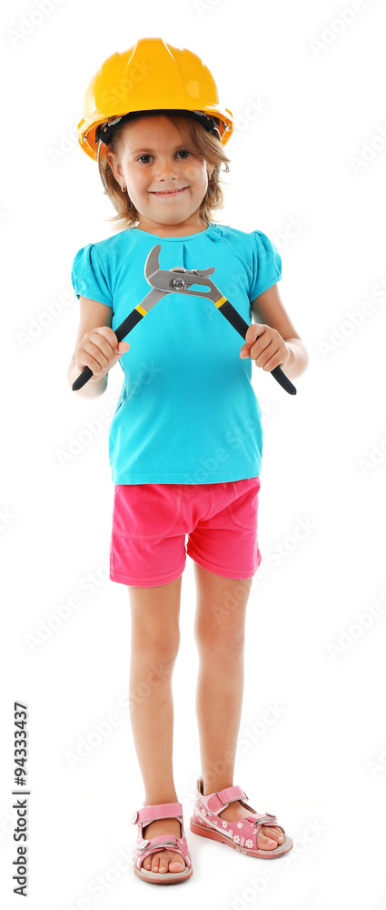 Cute little girl in yellow helmet with screw wrench isolated on white background Cute little girl in yellow helmet with screw wrench isolated on white background