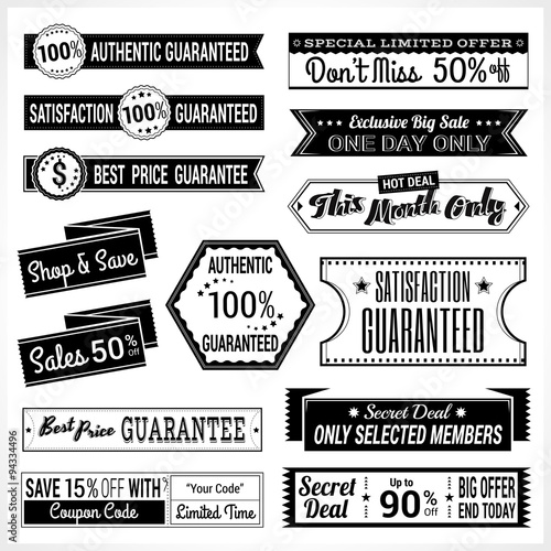 Set of retro promotion discount sale and guarantee tag banner label badge sticker ribbon in black and white