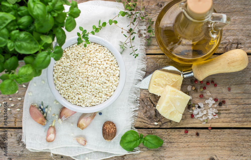 Raw rice and ingredients for cooking risotto Raw rice and ingredients for cooking risotto