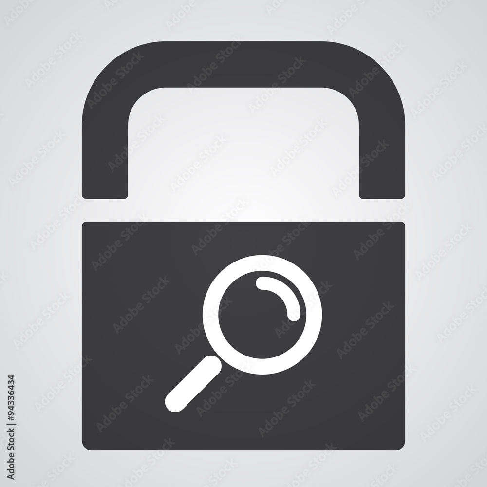 White Magnifying Glass icon on black pad lock